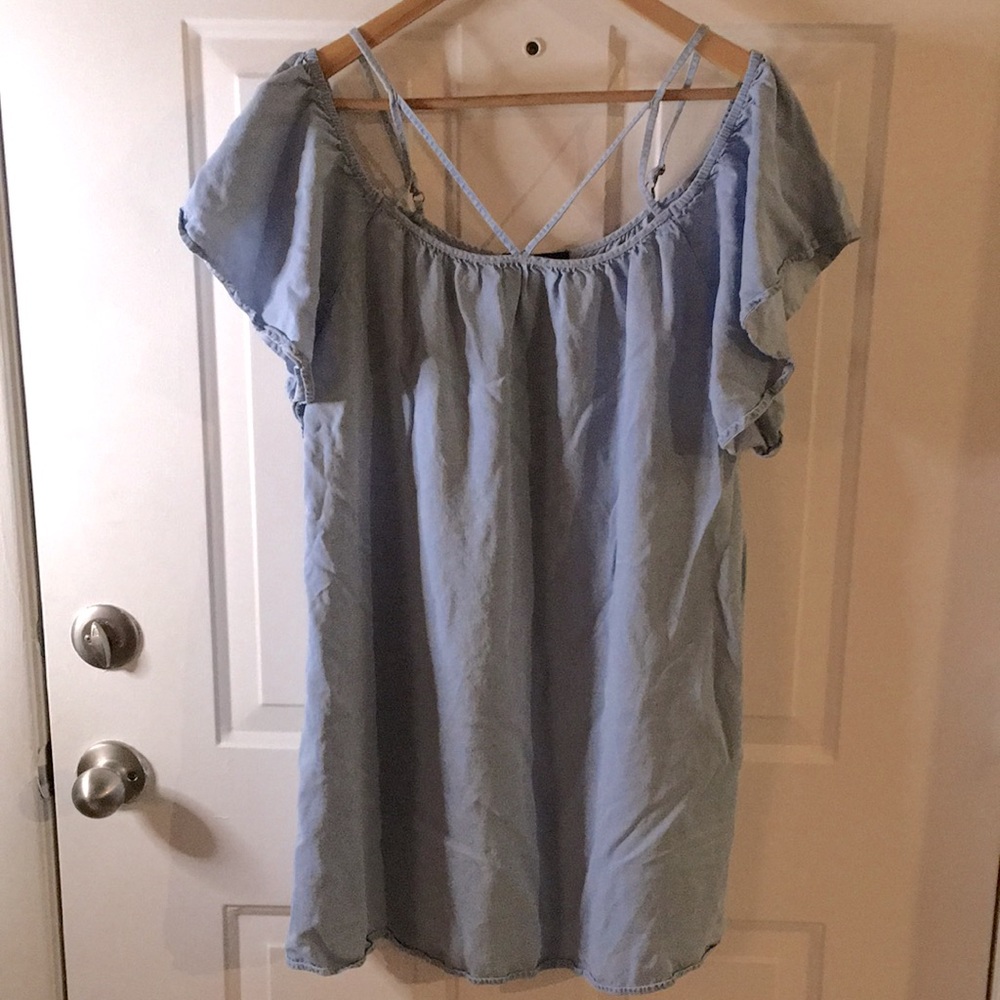 Forever21 Chambray Off the Shoulder Dress with Strap Detail Light Blue Medium